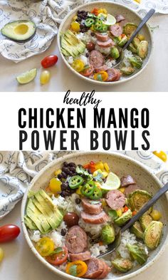 two bowls filled with chicken mango power bowls next to an avocado and tomatoes