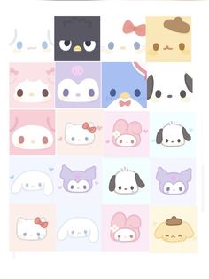 an image of many different animal faces on a white background with pink, blue and yellow squares