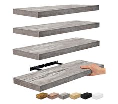 three shelves are shown with different colors and sizes for each shelf to be placed on