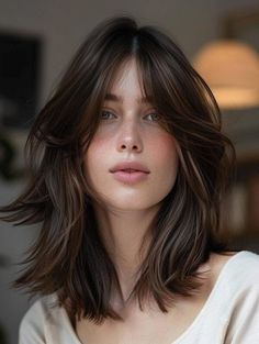 Stylish Shoulder Length Hair with Curtain Bangs: Trends & Tips Curtain Bangs For Fine Wavy Hair, Styles For Shoulder Length Hair, Short Shoulder Length Hair, Brown Hair Cuts, Shoulder Length Black Hair, Collarbone Length Hair, Hair With Curtain Bangs, Long Face Shapes, All Face Shapes