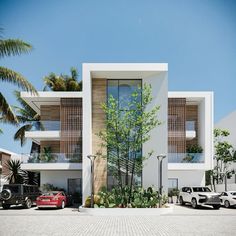 an architectural rendering of a modern house with palm trees and cars parked in the driveway