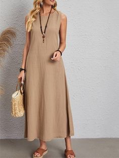 Women Dresses Women's Cotton Linen Dress Casual Dress Maxi long Dress Cotton Blend Basic Casual Outdoor Daily Vacation Crew Neck Pocket Sleeveless Summer Spring 2023 Regular Fit White khaki Plain S M L XL 2XL MsDressly – Instastyled | Online Fashion Free Shipping Clothing, Dresses, Tops, Shoes Casual Brown Sleeveless Maxi Dress, Casual Sleeveless Khaki Dress, Casual Khaki Sleeveless Dress, Khaki Sleeveless Dress With Pockets, Linen Dress Casual, Long Dress Cotton, Maxi Long Dress, Cotton Linen Dresses, Sleeveless Tunic