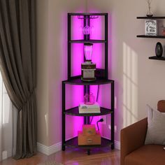 a purple light is shining on a corner shelf in a living room with a brown chair