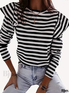 Bjux - Womens Long Sleeve T-Shirt with Striped Print and Ruffle Trim - A Stylish and Versatile Addition to Your Spring and Fall Wardrobe Striped Long Sleeve Stretch T-shirt, Stretch Crew Neck Top With Ruffles, Stretch Ruffle Tops With Crew Neck, Casual Ruffled T-shirt For Fall, Black Casual Shirt With Ruffles, Casual Black Shirt With Ruffles, Striped Graphic Print Tops For Spring, Stretch Striped Long Sleeve T-shirt, Stretch Ruffled Crew Neck T-shirt