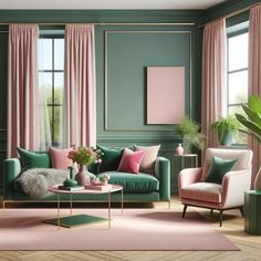 a living room with green walls and pink curtains