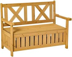 a wooden bench with storage underneath it