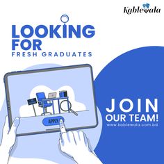 a person holding up a tablet with the words looking for fresh graduates join our team