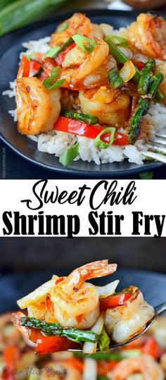 the shrimp stir fry is served with rice and vegetables