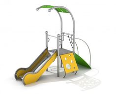 a children's play structure with a slide and climbing frame in yellow and grey