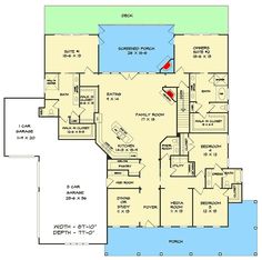 this is the first floor plan for a house with two master suites and an attached garage