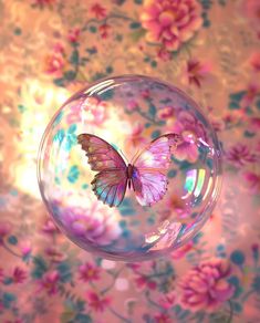 a pink butterfly sitting on top of a glass ball in front of floral wallpaper