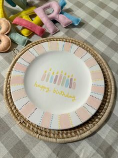 hand-painted birthday plate with pastel colors Diy Happy Birthday Plate, Birthday Plate Ideas Girl, Birthday Ceramic Plate, First Birthday Plate Diy, Birthday Cake Plate Design, Porcelain Painting Ideas Plate, Birthday Pottery Plate, Hand Painted Birthday Plate, Happy Birthday Plate Design