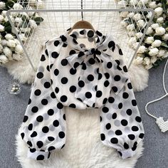 Womens Chiffon Polka Dot Bow Tie Neck Blouse Polka Dot Blouse For Office In Fall, Chic Polka Dot Blouse For Party, Chic Polka Dot Party Blouse, Trendy Long Sleeve Polka Dot Blouse, Chic Polka Dot Tops For Office, Trendy Polka Dot Blouse For Party, Trendy Polka Dot Party Blouse, Polka Dot Bow Tie, Knee High Boots Flat