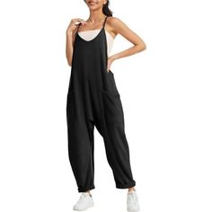 *A Summer Jumpsuit Made From A Blend Of Cotton, Polyester And Spandex. The Material Feels Gentle And Cozy, Offering A Good Amount Of Stretch. It's Lightweight And Allows Your Skin To Breathe Easily. *Design: Loose Fit Jumpsuit For Women, V-Neck Design, Italian Camisole, Sleeveless And Adjustable Spaghetti Strap, Casual And Fashion Style Outfits With Two Pockets. Suitable For Your Summer Vacation. *Occasions: Baggy Overalls Jumpers With Pockets Is Suitable For Daily Life, Travelling, Vacation, Be Casual Baggy Sleeveless Jumpsuits And Rompers, Sleeveless Relaxed Fit Solid Color Jumpsuits And Rompers, Baggy Black Jumpsuits And Rompers For Summer, Casual Black Sleeveless Jumpsuits And Rompers, Black Solid Color Jumpsuits And Rompers For Loungewear, Black Baggy Jumpsuits And Rompers For Summer, Black Loungewear Jumpsuits And Rompers, Black Spaghetti Strap Jumpsuits And Rompers For Loungewear, Black Solid Color Jumpsuit For Loungewear