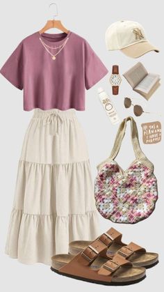 Cool Summer Color Palette Outfit Ideas, Quick Summer Outfits Casual, Cute Comfy Modest Outfits, Summer Outfit Cottagecore, Modest Neutral Outfits, Cottage Core Teacher Outfits, Outfits For Scotland In Summer, Colorful Cottagecore Outfits, Ashley Hetherington Outfits