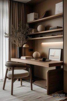 a desk with two chairs and a vase on it in front of a book shelf