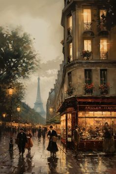 an oil painting of people walking down the street at night in paris, with the eiffel tower in the background