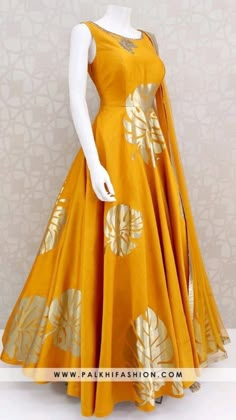 Cutdana Work, Gold Applique, Designer Outfit, Lycra Leggings, Anarkali Dress Pattern, Yellow Soft