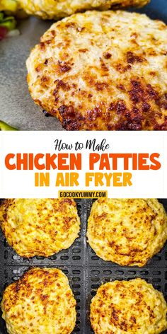 chicken patties in air fryer with text overlay