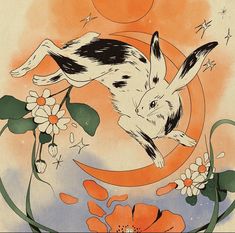 an illustration of a rabbit jumping over the moon with flowers in front of it,