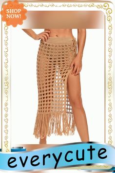 Khaki Hollow-out High Split Tasseled Beach Skirt Beach Skirt, Petticoat, Split, Shop Now, Skirt