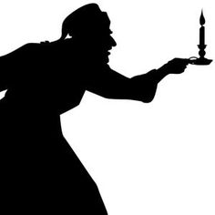 the silhouette of a woman holding a candle in one hand and a knife in the other