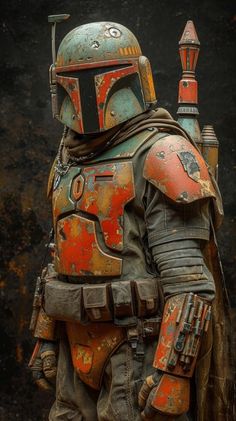 boba fett from the star wars movie standing in front of a dark background