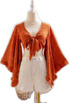 Red Lantern Sleeve Tops For Spring, Orange V-neck Blouse With Ruffles, Summer Bell Sleeve Tops, Tie Front Blouse, Women Blouses, Music Festivals, Flared Sleeves, Music Festival, Neck Tie