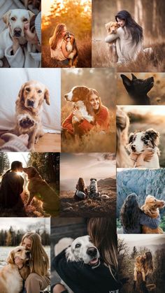 a collage of photos with dogs and people in the background, including one woman hugging her dog