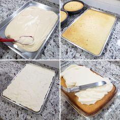 four pictures showing how to make a cake with white frosting on the top and bottom