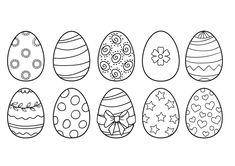 an easter egg coloring page with nine decorated eggs in different shapes and sizes, all lined up on top of each other