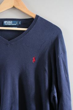 ON SALE Ralph Lauren Sweater Navy Blue 100% Pima Cotton Oversize Polo Pullover Slouchy Sweater V-nec Casual Blue Cotton V-neck Sweater, Classic Navy V-neck Top, Classic Navy V-neck Sweater, Vintage Ralph Lauren Sweater, Doll Tattoo, Oversized Polo, Sweater Navy Blue, Minimalist Vintage, Polo Pullover