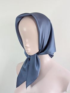 Blue satin headscarf Luxury modern bohemian satin headscarf. This is made from a soft synthetic blend satin fabric. The fabric is luxurious and lightweight. This scarf is versatile and can be worn in many ways around the neck or head. It is large enough to be tied around the head to give full coverage, or to be draped around the neck.  This is a square scarf that can be folded to create the triangle look, or wrapped up and tied in a knot to be worn as a headband. Style: Head scarf Measurements: Silky Head Scarf, Satin Silk Scarf Gift, Elegant One-size Headscarf As Gift, Elegant One Size Headscarf For Gift, Summer Satin Headscarf, Elegant One Size Headband Bandana, Elegant Headband Style Bandana, Elegant One Size Bandana Headband, Elegant Silk Headscarf As Gift