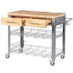 a kitchen island with two drawers on wheels