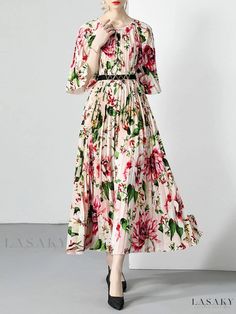 Kaia Belt Maxi Gown Spring Garden Party A-line Gown, Long Sleeve Gown For Spring Garden Party, Spring Garden Party Gown With Long Sleeves, Summer Floral Print Long Sleeve Gown, Spring Pleated Maxi Dress For Garden Party, Long Floral Dress For Spring Evening, Spring Floral Long Evening Dress, Elegant Pleated Floral Summer Dress, Elegant Summer Floral Pleated Dress