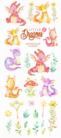 watercolor dragon clipart set