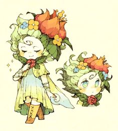 two cartoon characters with flowers on their heads and one is holding a flower in her hand