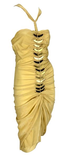 S/S 2005 Gucci Beige Cutout Gold-Tone Metal Spine Bodycon Mini Dress For Sale at 1stDibs Gucci Mini, Dress For Sale, Metallic Accents, Bodycon Mini Dress, Gold Tone Metal, Day Dresses, Dresses For Sale, Gold Tones, Spring Summer