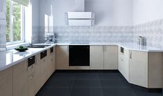 an empty kitchen with white tile walls and flooring on the counter top, along with a dishwasher in the middle