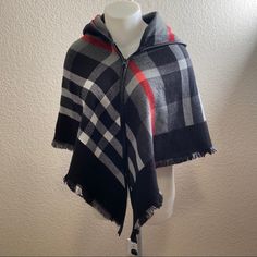 Plaid, Black, Grey And Red 100% Acrylic Trendy Black One-size Outerwear, Black Poncho For Cold Weather In Fall, Oversized Black Poncho For Cold Weather, Casual Black Poncho For Cold Weather, Casual Black Poncho For Winter, Casual Black Winter Poncho, One Size Black Poncho For Cold Weather, Poncho With Hood, Do Everything In Love