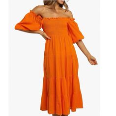 Nwt R.Vivimos Women's Summer Linen Lantern Sleeves Ruffled Off Shoulder A-Line Midi Dress Color: Orange Size: S I Will Re-Take Photos In Better Lighting, It Really Is Orange Solid Off-shoulder Midi Dress For Spring, Spring Orange Midi Dress, Orange Midi Dress For Dress Down Occasion, Orange Solid Color Spring Dress, Spring Off-shoulder Solid Midi Dress, Orange Flowy Midi Dress For Day Out, Flowy Orange Midi Dress For Day Out, Orange Summer Midi Dress, Orange Ruffled Midi Dress For Day Out