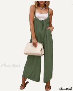 OliviaMark - Elegant Sleeveless Jumpsuit featuring a Solid Color and Thoughtful Pockets, Perfect for Casual Occasions Solid Overalls With Pockets For Vacation, Vacation Overalls With Pockets, Solid Overalls With Pockets For Day Out, Overalls With Pockets For Day Out, Sleeveless Jumpsuit With Adjustable Straps For Spring, Casual Green Solid Color Overalls, Summer Workwear Jumpsuits And Rompers With Adjustable Straps, Green Jumpsuits With Pockets For Vacation, Green Vacation Jumpsuits With Pockets