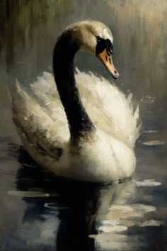 a painting of a swan swimming in the water