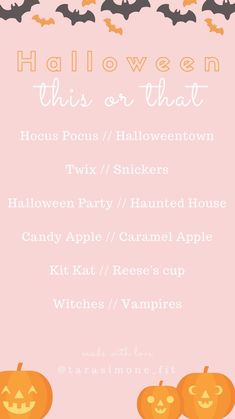 a pink halloween party menu with bats and pumpkins on the bottom, in front of a