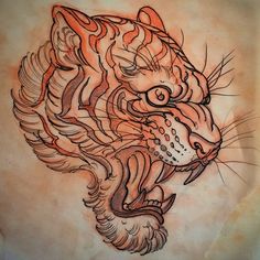 a drawing of a tiger's head with orange and black lines on the face