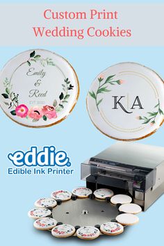 an advertisement for edible ink printer with wedding cookies on the plate and custom printed plates