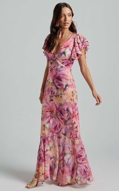 Jasmine Maxi Dress - Plunge Neck Short Flutter Sleeve Frill Hem Mermaid in Pink floral | Showpo USA Floral Chiffon Dress Long, Formal Wedding Guest Dress, Bridesmaid Dresses With Sleeves, Saree Gown, Classic Style Outfits, Chiffon Dress Long, Flutter Dress, Floral Gown, Prom Dress Inspiration