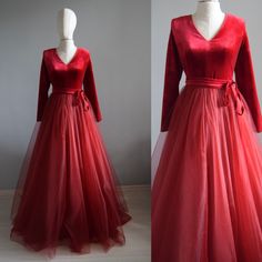 two pictures of a red dress with long sleeves and a v - neckline, on mannequins