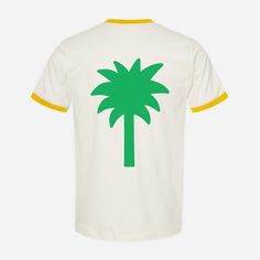 Embrace the beach vibes with our 100% cotton Palm Tree Ringer Tee! Featuring a vibrant green palm tree perfect for capturing the essence of laid-back island living. Product Details 100% Ring-Spun Cotton Natural and Yellow Made with Love Size + Fit Unisex Fits true to size Female model in the studio is 5'6 and wearing size S Female model on the beach is 5'6 and wearing size M Male model is 5'10 and wearing size L Cotton T-shirt With Tropical Print, Cotton Tropical Print T-shirt, Summer Cotton T-shirt With Palm Tree Print, Cotton Crew Neck Top With Palm Tree Print, Cotton T-shirt With Palm Tree Print In Relaxed Fit, Relaxed Fit Cotton T-shirt With Palm Tree Print, Relaxed Cotton Top With Palm Tree Print, Tropical Cotton T-shirt For Vacation, Tropical Cotton T-shirt With Palm Tree Print