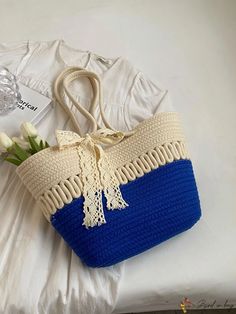 BirdinBag - 2023 Fashionable Womens Woven Summer Beach Tote Bag | Spacious, Pendant-free Shoulder Bag for Travel Trendy Large Capacity Blue Crochet Bag, Blue Tote Satchel For Summer, Blue Crochet Shoulder Bag With Large Capacity, Blue Large Capacity Crochet Shoulder Bag, Casual Blue Crochet Bag With Double Handle, Blue Crochet Bag With Large Capacity For Daily Use, Blue Large Capacity Crochet Bag For Daily Use, Large Capacity Blue Crochet Bag For Daily Use, Blue Casual Satchel For Summer